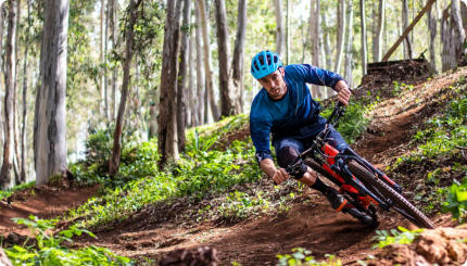 Photo of a young man on a mountain bike riding a trail downhill in the forest.