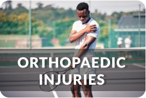 A young man in athletic wear stands on a tennis court, holding a tennis raquet in one hand and holding his shoulder in pain with the other hand. Title reads:Orthopedic Injuries