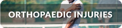 A young man in athletic wear stands on a tennis court, holding a tennis raquet in one hand and holding his shoulder in pain with the other hand. Title reads:Orthopedic Injuries