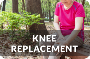 Senior woman sits on a bench in the park holding her knee in pain. Title reads: Knee Replacement
